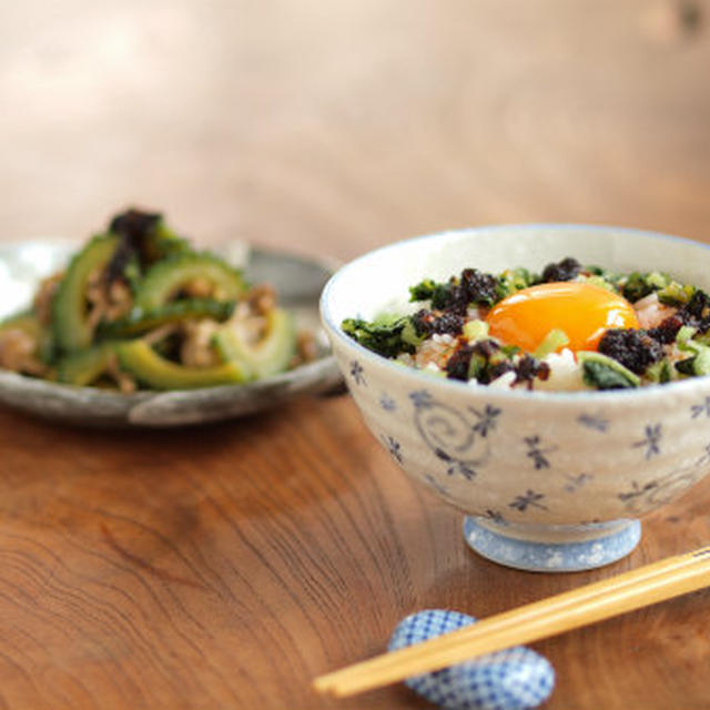 海苔ラー油で野沢菜玉子かけご飯、ゴーヤーポン酢漬け＆天建寺橋大綱引き大会