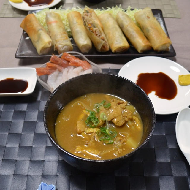 カレーうどんと春巻き