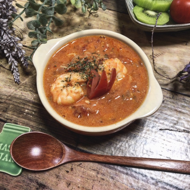 料理教室☆きまぐれランチ♪魚介のトマトクリームスープ
