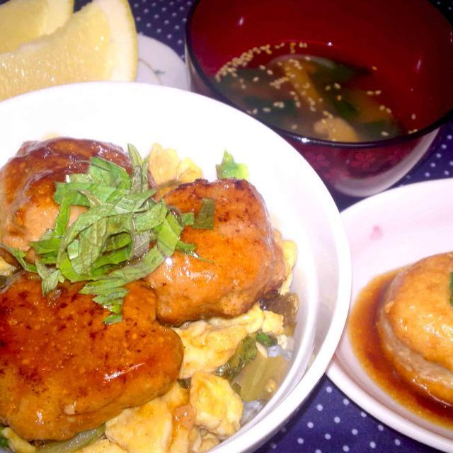 煮込みハンバーグのタネ→照焼きつくね丼にリメイクde夕食　＆　試作品　失敗に終るの巻き