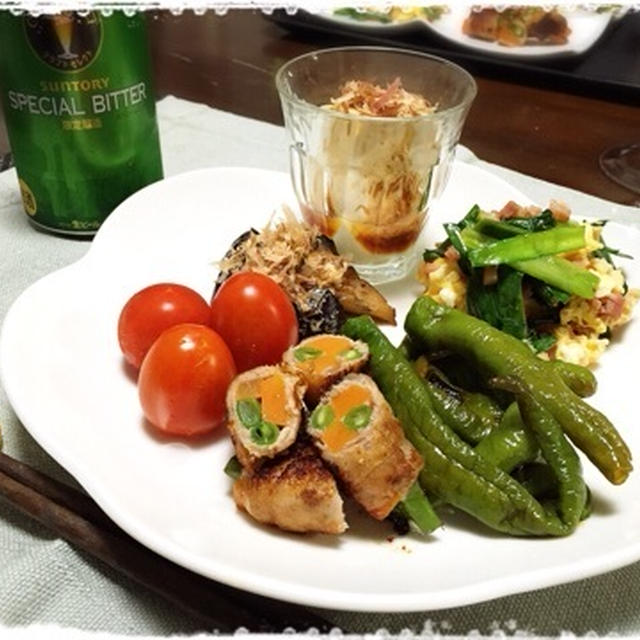 インゲンと人参の豚バラ巻きとかアイコとか。