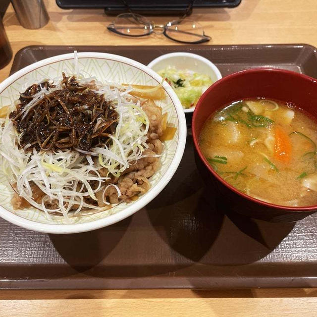 黒だれ白髪ねぎ牛丼中盛とん汁おしんこセットを食べる 〜すき家〜