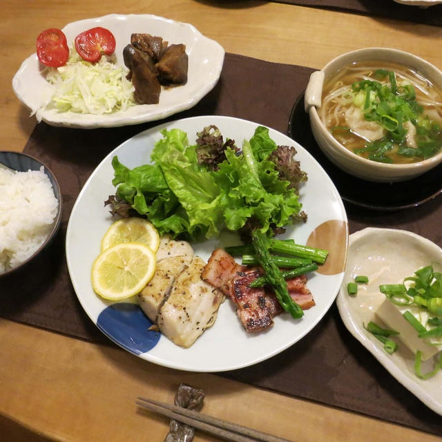 鰆のレモンハーブ焼き＆ゴロゴロ焼き豚の晩ご飯　と　赤い花シリーズ♪　