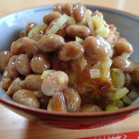 ネギ・おかか・卵の納豆がけご飯