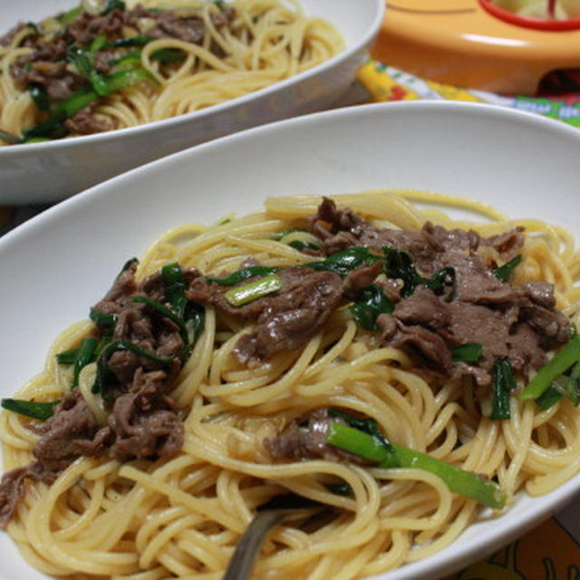 牛肉とにらの醤油パスタ