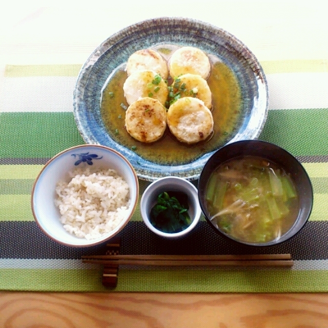 ■ほくほく揚げ出し長いもと納豆のお味噌汁の朝ごはん