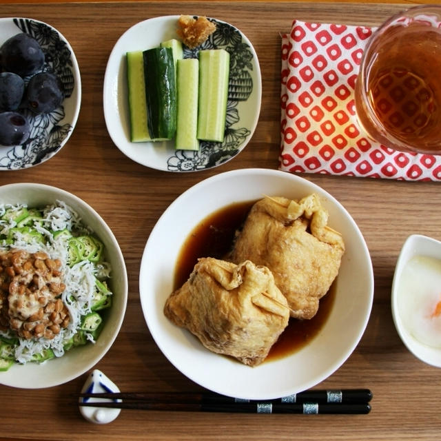 夫リクエストの3食ご飯メニュー＊油揚げの袋煮＊ぶっかけ納豆丼