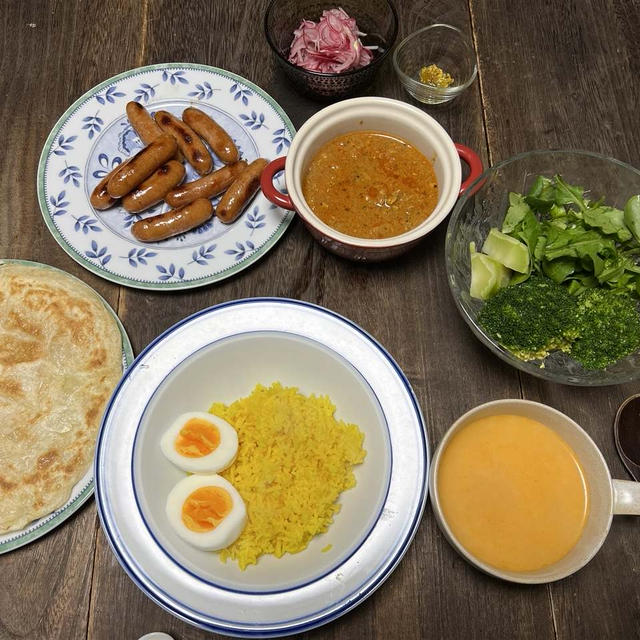 エリックサウスココナツキーマカレー・バスマティターメリックライス・パラタ・ブロッコリールッコラ・
