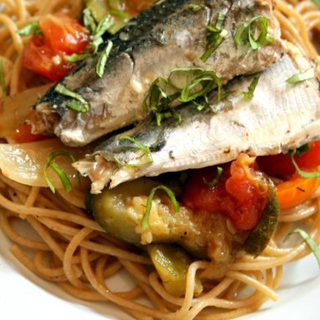 Whole Wheat Pasta with Ratatouille and Sardinesラタトウイユとサーディンのせ全粒粉パスタ