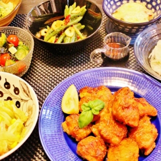 晩ご飯　バジル照り焼きチキンと野菜たっぷりで