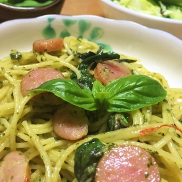 今年は随分作ったバジルパスタ＆きりたんぽを入れてラーメン♪