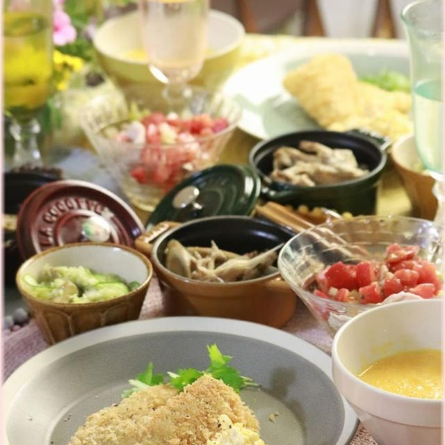 【レシピ・リンク】お豆腐チーズタルタルの鯵フライ。と　献立と　夕焼け。