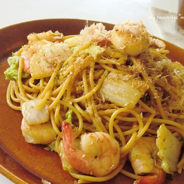 白菜とえびの和風パスタで１人ごはん