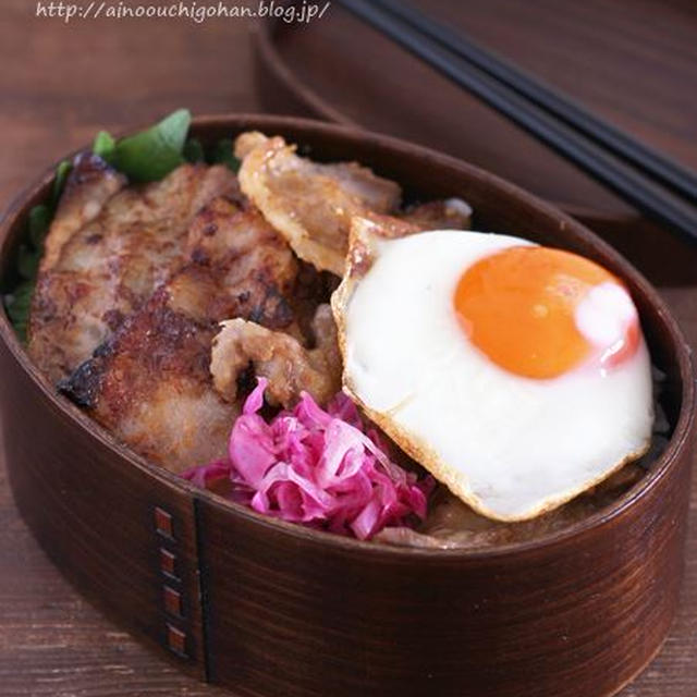 タマミちゃんの目玉焼きと味噌豚チャーシューで今日もらく弁♡