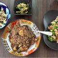 豚肉とピーマンの中華炒め、茄子とひき肉の甘辛餡、大根サラダ、きゅうりと梅の和え物