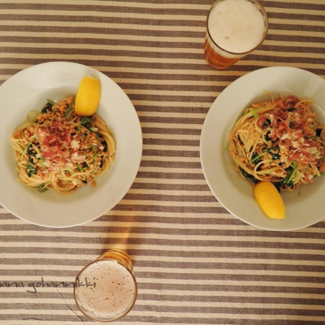 きょうの晩ごはんは、納豆パスタ。