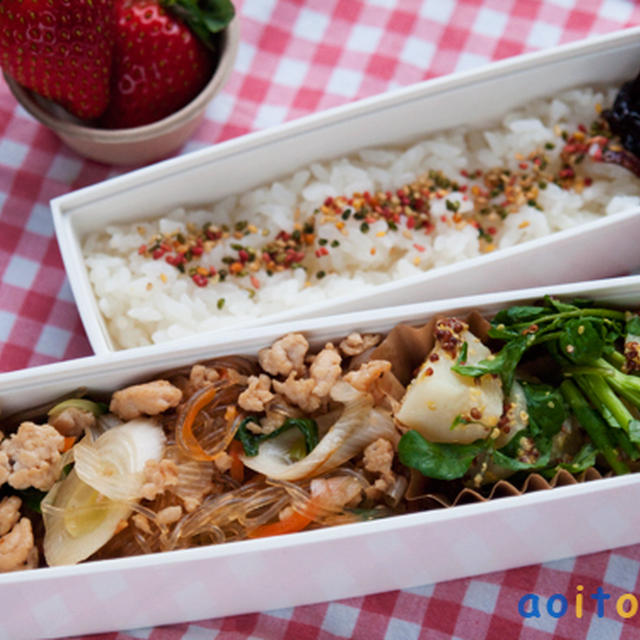 今日のお弁当（鶏そぼろの春雨炒め）