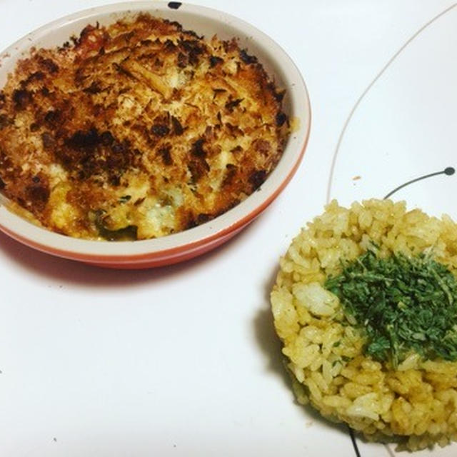 いわしとカレーパウダーでパン粉焼き２種類　コリアンダーパウダーライス
