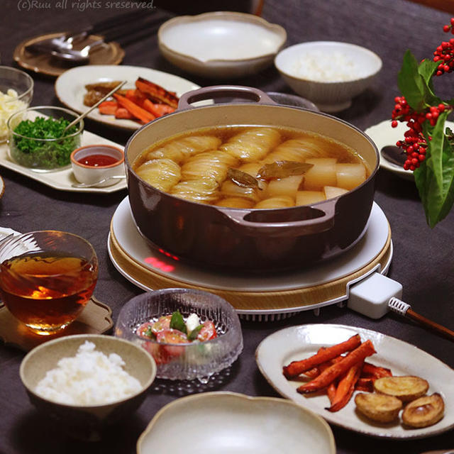 【献立】ロール白菜鍋と、クリームチーズとミニトマトのカプレーゼと、焼き野菜など。～お好み焼き屋さんが心配～