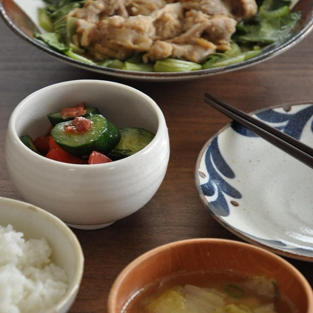 豚こまとちんげん菜のレンジ蒸しがメインになる時短10分150円節約献立