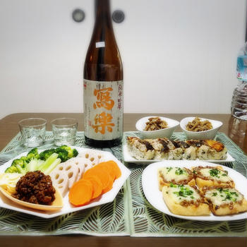 【家飲み/日本酒】 写楽 定番酒２本 純米吟醸と純米酒　* 自家製焼き鯖寿司と 肉味噌野菜スティック