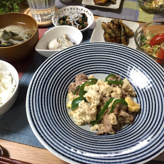 豚肉と豆腐のシンプルな和風炒め♪きゃべつと干し海老和え♪あっさり優しい和食な献立。