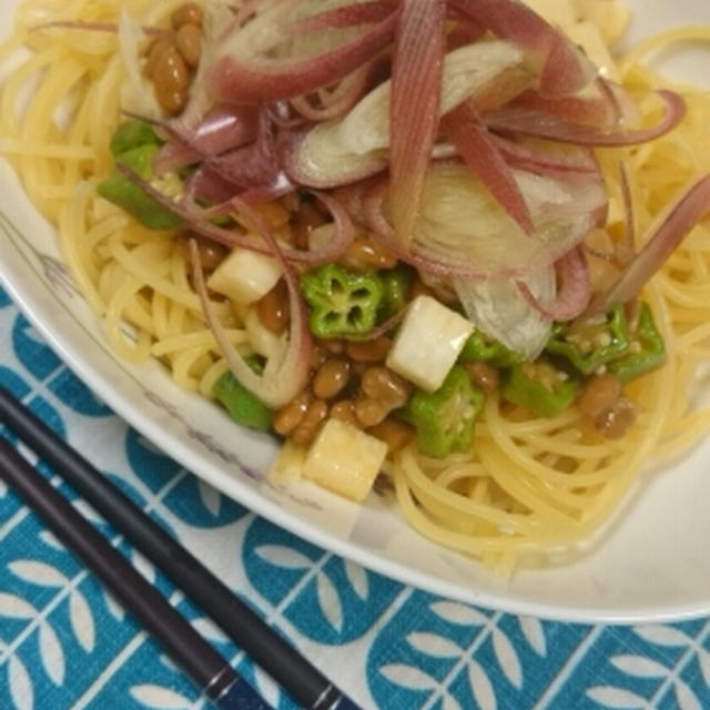 茗荷たっぷりねばねばパスタ☆2014/07/16の晩ごはん。