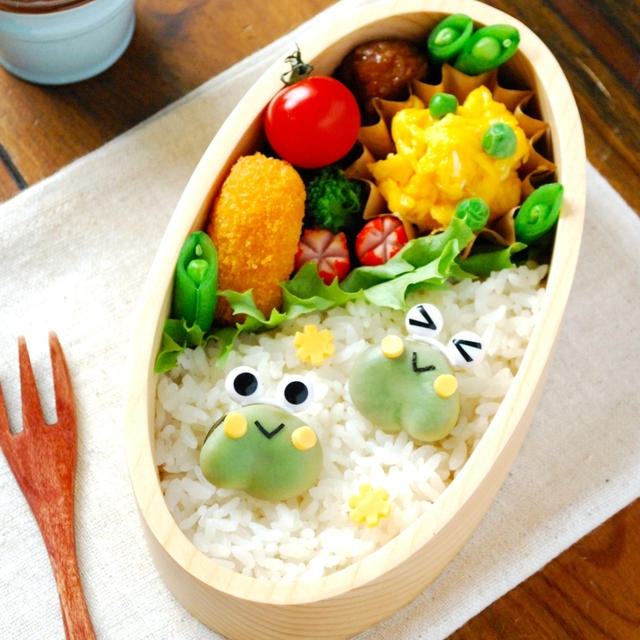 ３分キャラ弁☆梅雨に！そら豆でカエルのお弁当（超初級）