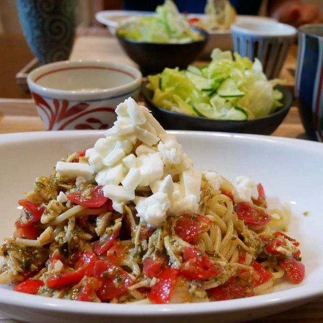 チキンとミニトマトの冷たいパスタ、晩ごはん#本日のおうちごはん