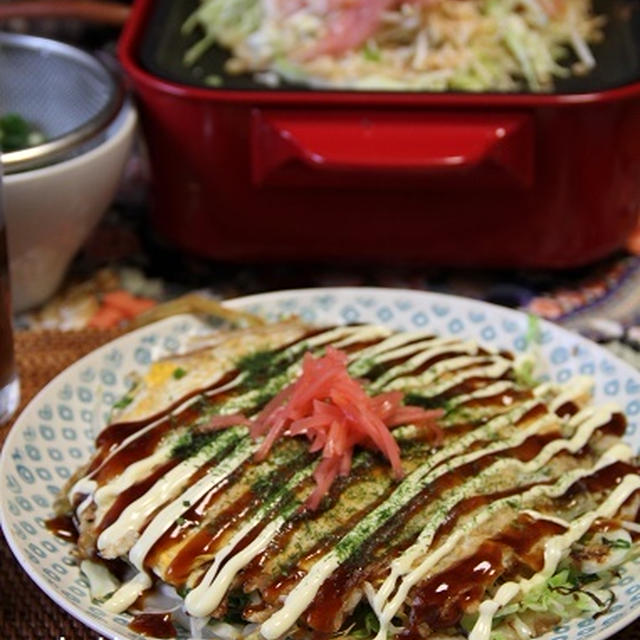 広島焼き風お好み焼き。ポットローストの準備。