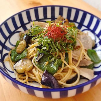 豚肉と揚げなすの和風パスタ