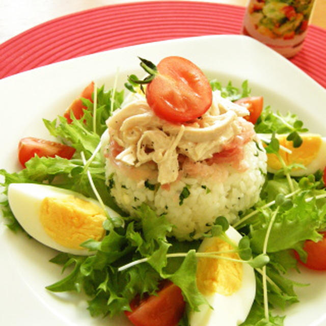 ♥春色♥ 茹で鶏とルッコラサラダごはん