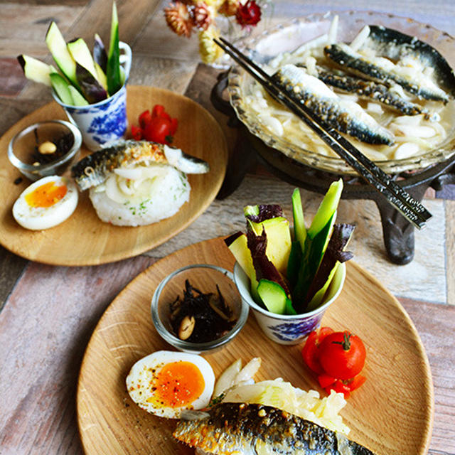 簡単　割烹料亭風の朝定食　白だしとごま油漬けにしたイワシとたまねぎの焼きサラダ