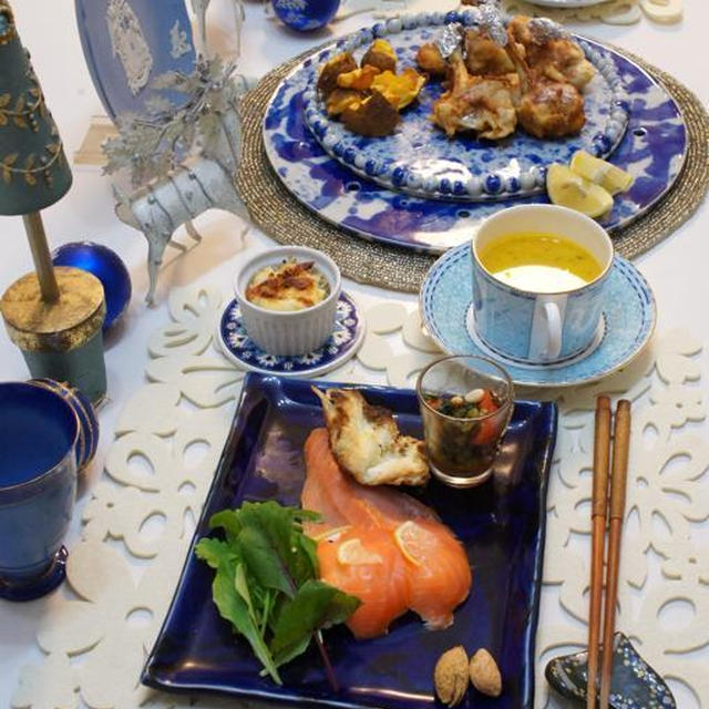 i-kitchen クリスマス★おうちご飯（高木幹豫さんのお皿で青と白のコーデ）