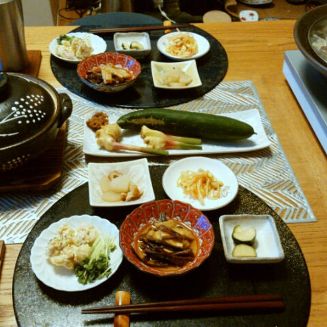 なんちゃってジンギスカンと肉豆腐小鍋と小鉢で晩酌