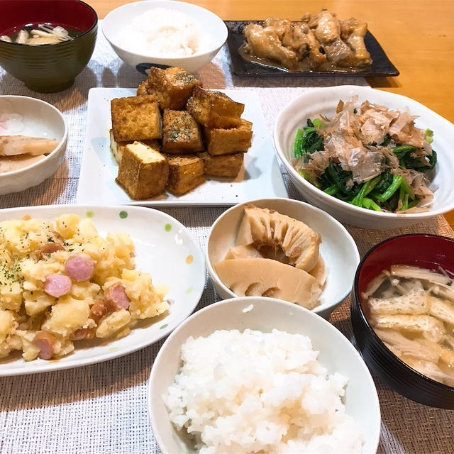 【節約レシピ】メインはチーズカレー風味de厚揚げ…質素な晩ごはん❁︎