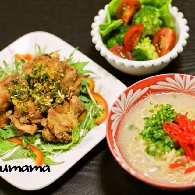 鶏の唐揚げネギソースとマルちゃん正麺