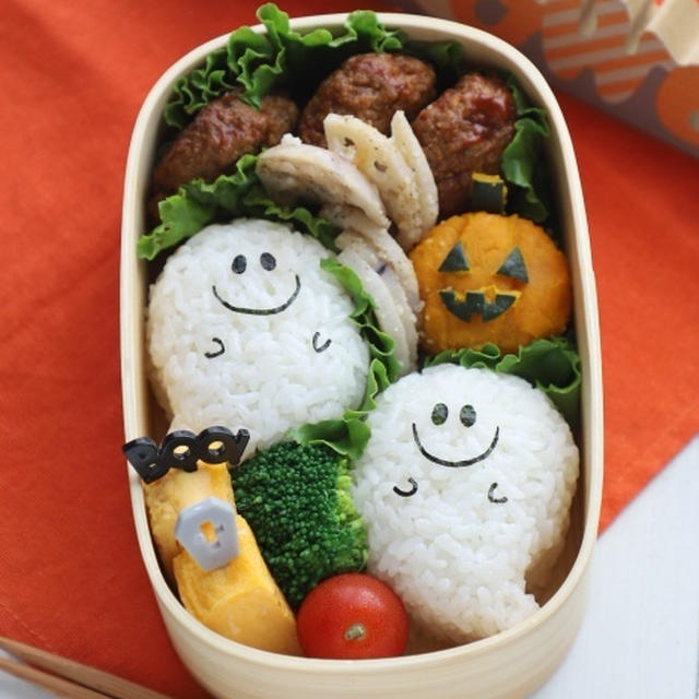 おばけちゃんとかぼちゃで作るジャック・オ・ランタンのハロウィン弁当＊キャラ弁レシピ