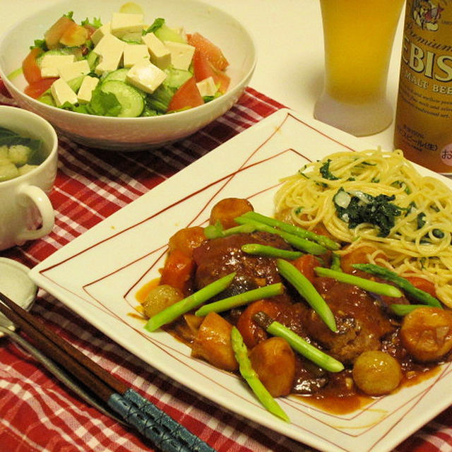 トマト煮込みハンバーグで夜ごはん