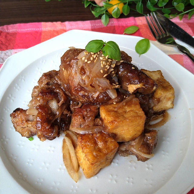 誰もが愛するタレを家にある調味料で☆甘くて柔らかい〜豚こまと厚揚げのトンテキ風