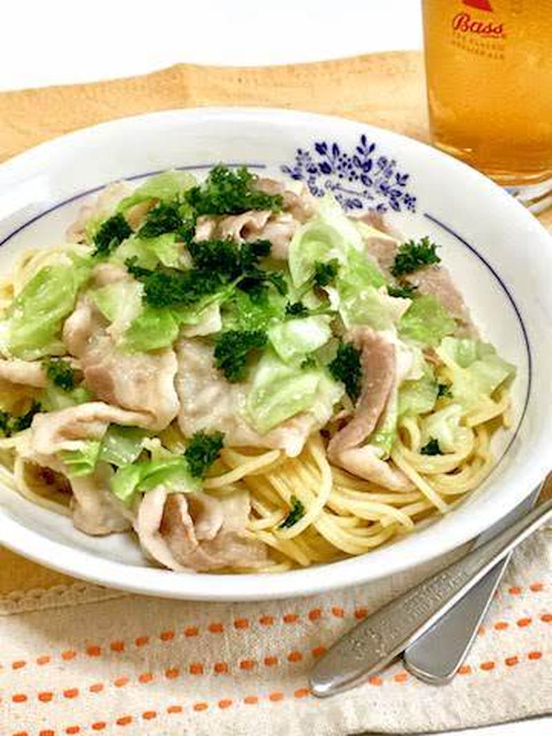 【豚バラとキャベツのわさび風味パスタ】