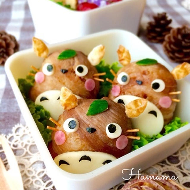肉巻きおにぎりでトトロ&amp;俵おにぎりでドラちゃん♡