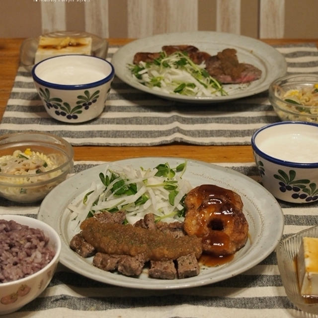 ある日 の ご飯 「ステーキ と 車麩 の 照り焼き」