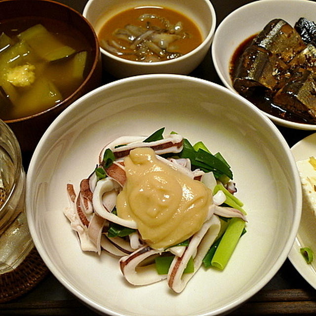 イカ酢味噌、キュウリの吸物