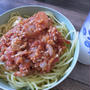 夫のミートソースでミートソーススパゲティ＼(^o^)／