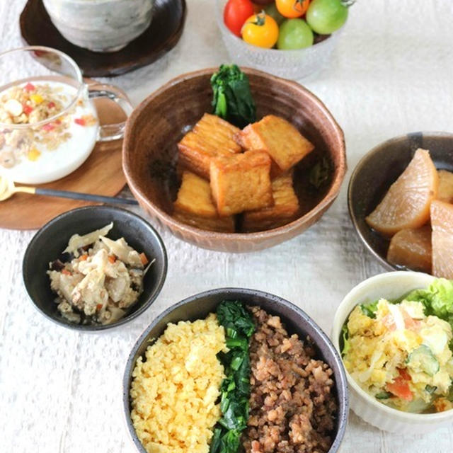 三色丼・厚揚げの煮物他。～食べ過ぎた日のメニュー。～