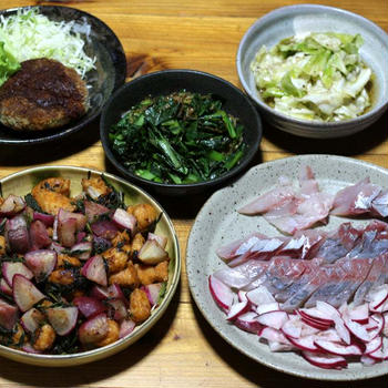 長崎県五島産カンパチの刺し身、自家栽培ハツカダイコンの炒めものほか。