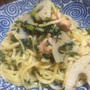 春菊と蓮根と鶏肉のパスタ