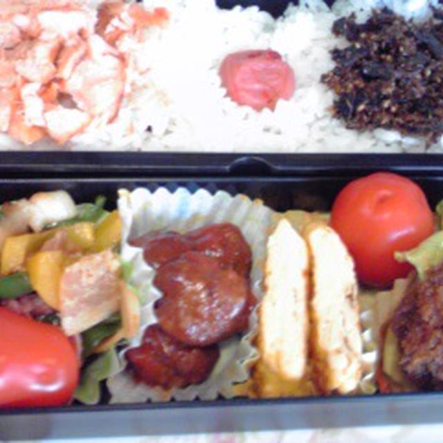 今日のお弁当、カラフルピーマンとベーコンの炒め物とか、ソースカツとか、はちみつ卵焼きとか♪