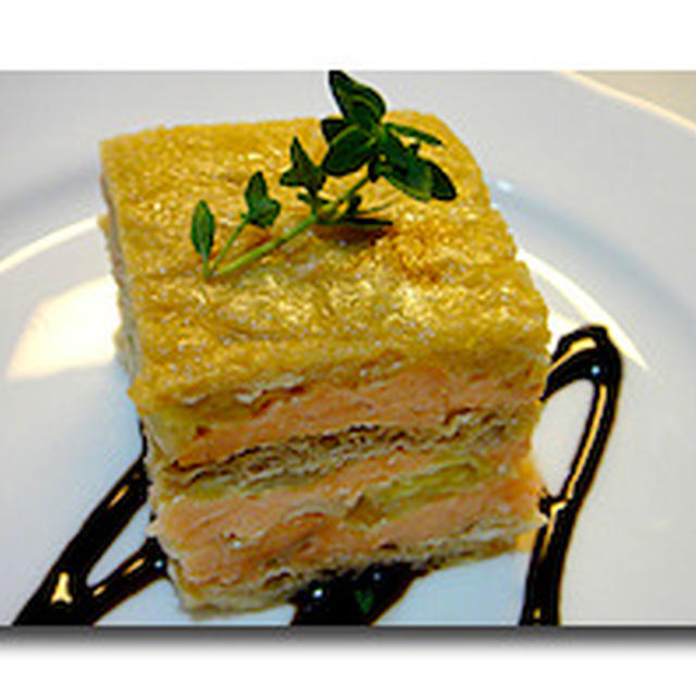 サーモンと油揚げ、ちりめんキャベツのミルフィーユ【Mille -feuille de Saumon et Chou et Fromage de soja frit】